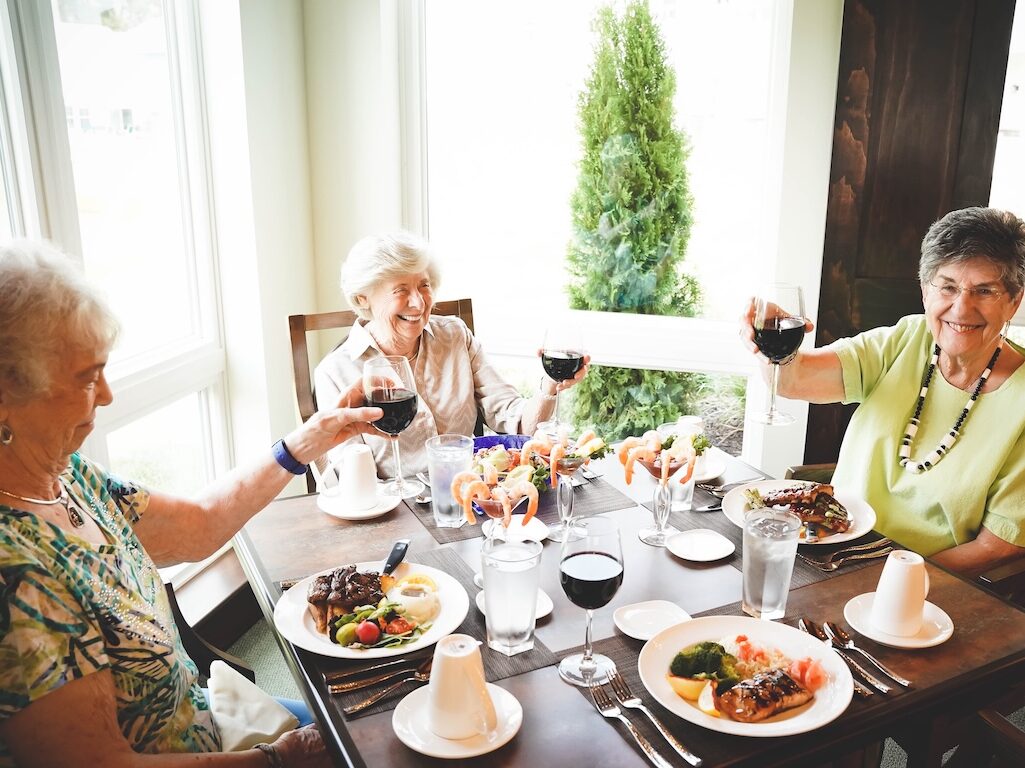 a group of senior women enjoying an upscale lunch together